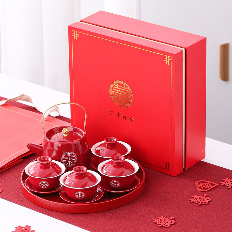 Wedding change of mouth toast tea cup tea bowl set red wedding bowl tea set set home wedding gift teapot gift giving
