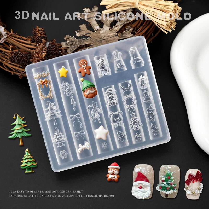 Nail Art Silicone Mold Christmas Bread Dessert Cake Bow Kt Cat Rose Ribbon Bear Embossing Mold