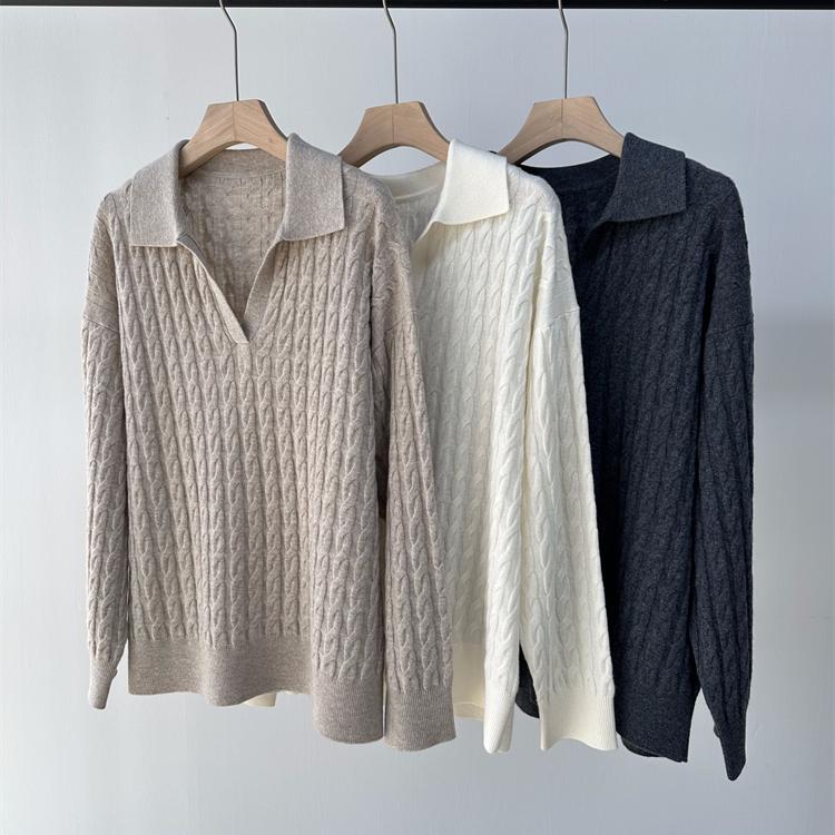 Lp Style Autumn and Winter New Pure Wool Twist Knit Sweater with a Vintage Half-Open Collar, Loose and Minimalist Versatile Sweater for Women