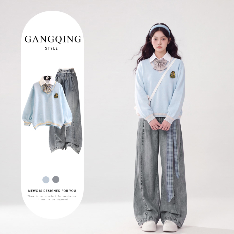 Korean Chic Autumn Outfit Blue Sweater for Women 2026 Super Popular Autumn Wear Complete Set of College Style Knitted Clothes Korean Chic Autumn Outfit Blue Sweater for Women 2026 Super Popular Autumn Wear Complete Set of College Style Knitted Clothes