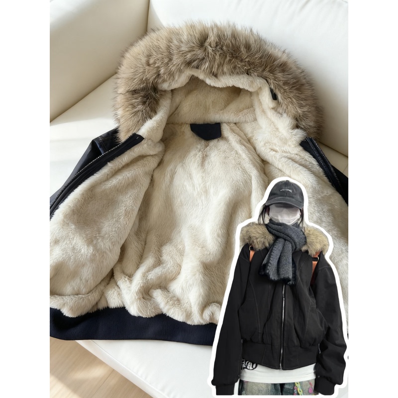 American-Style Heavyweight Black Parka with Fur Collar, Thick Fleece-Lined Jacket for Autumn and Winter, Warm Cotton Coat for Petite Individuals American-Style Heavyweight Black Parka with Fur Collar, Thick Fleece-Lined Jacket for Autumn and Winter, Warm Cotton Coat for Petite Individuals