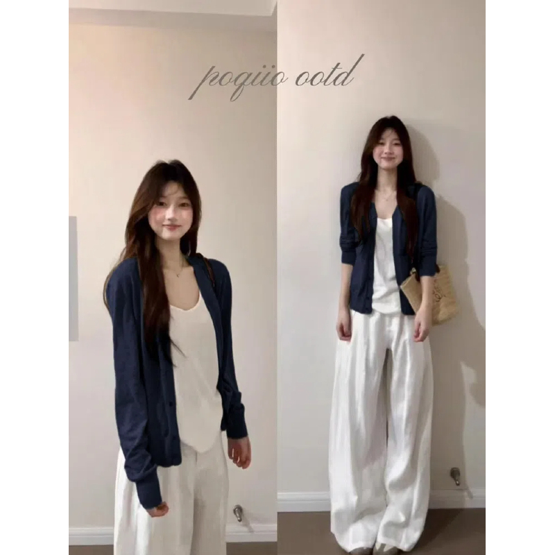 Navy Blue Sun-Protective Cardigan Paired with a Thin Short Jacket and Sheer Blouse, Slimming Top for Early Autumn, Outerwear for Air-Conditioned Environments