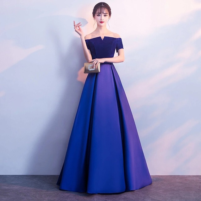 Choir Performance Outfit Velvet Satin Royal Blue Long Dress Off-The-Shoulder Dignified Ceremonial Banquet Evening Gown Student Choir Performance Outfit Velvet Satin Royal Blue Long Dress Off-The-Shoulder Dignified Ceremonial Banquet Evening Gown Student