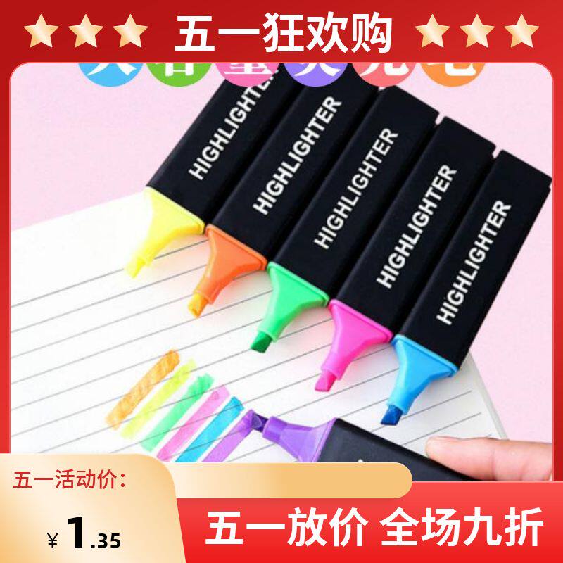 Fluorescent pen students mark pen drawing colored note number pen stationery items with colorful stroke focus