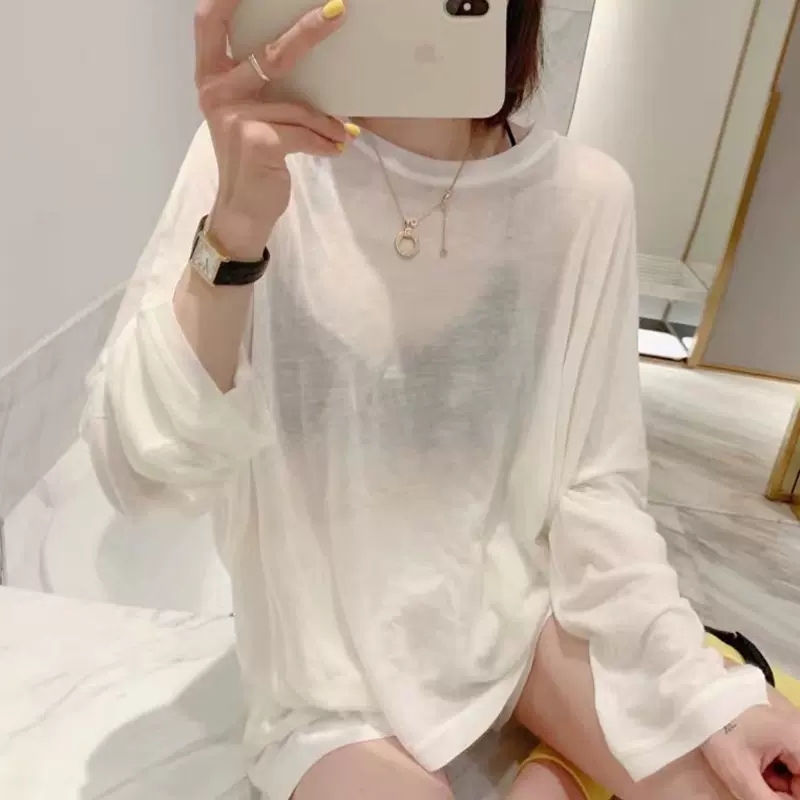 Mesh Sun Protection Base Shirt for Women, New Summer Style, Plus Size for Chubby Girls, Extra Large Size 150kg Long-Sleeve T-Shirt Top, Loose Cover-Up, Trendy