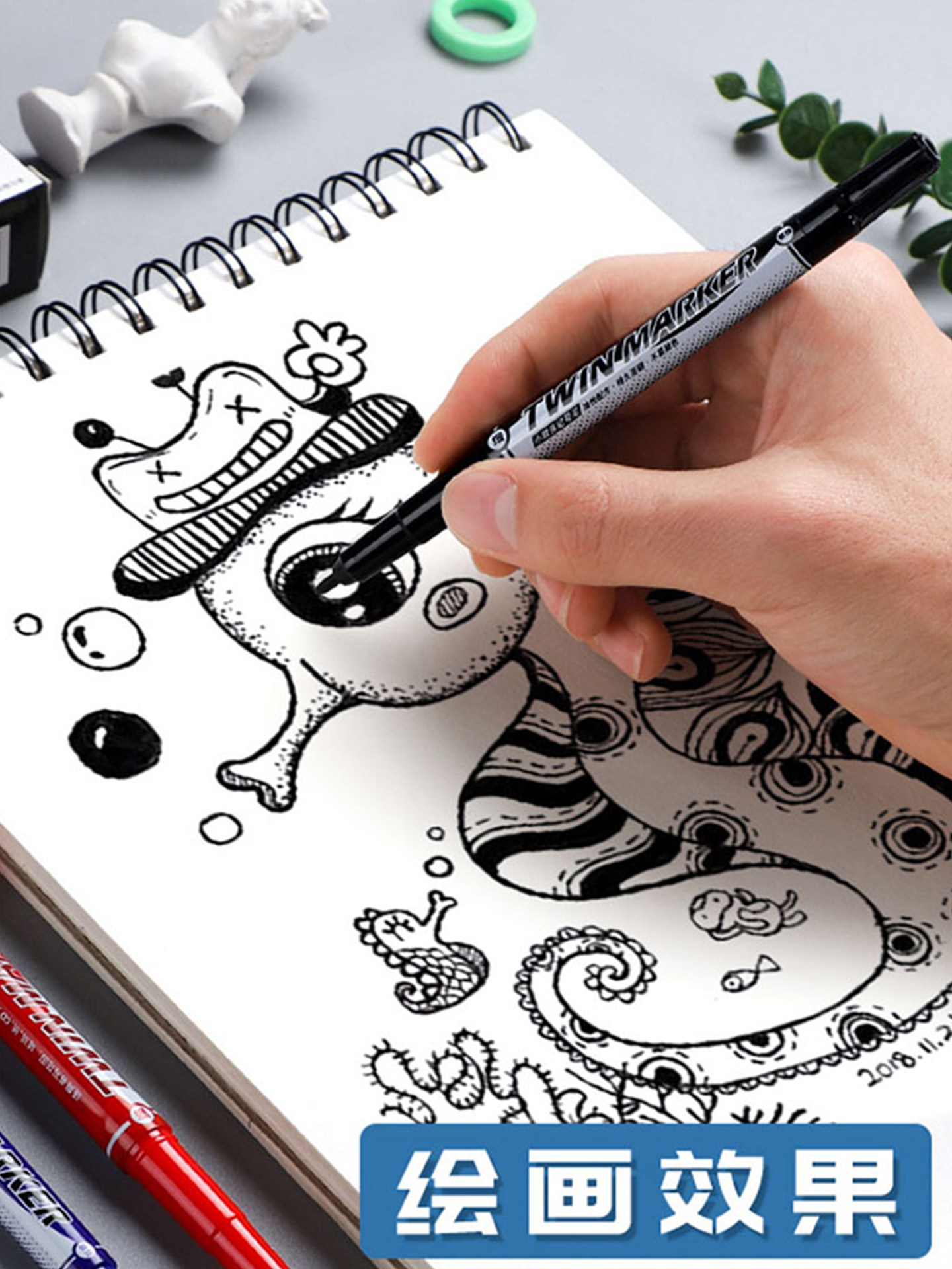 Morning Light Oil-Based Marker Pen, Art Black, Dual-Tip, Quick-Drying, Waterproof, Oil-Resistant, Non-Fading Marker Pen