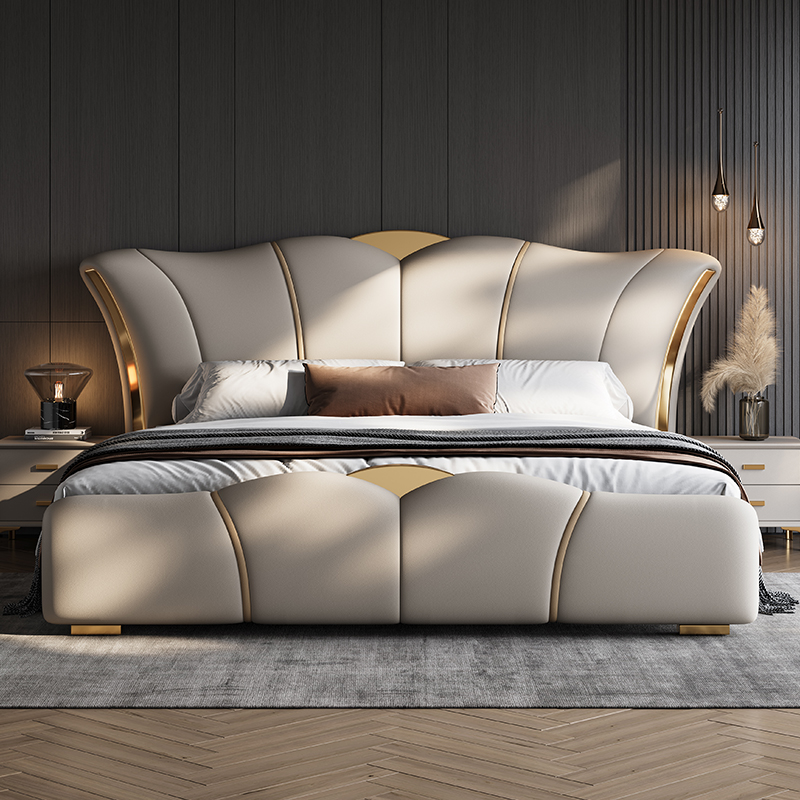 2024 new high-end atmosphere genuine leather bed modern minimalist master bedroom with double bed 2m large bed willy-style light lavish soft bag bed-Taobao