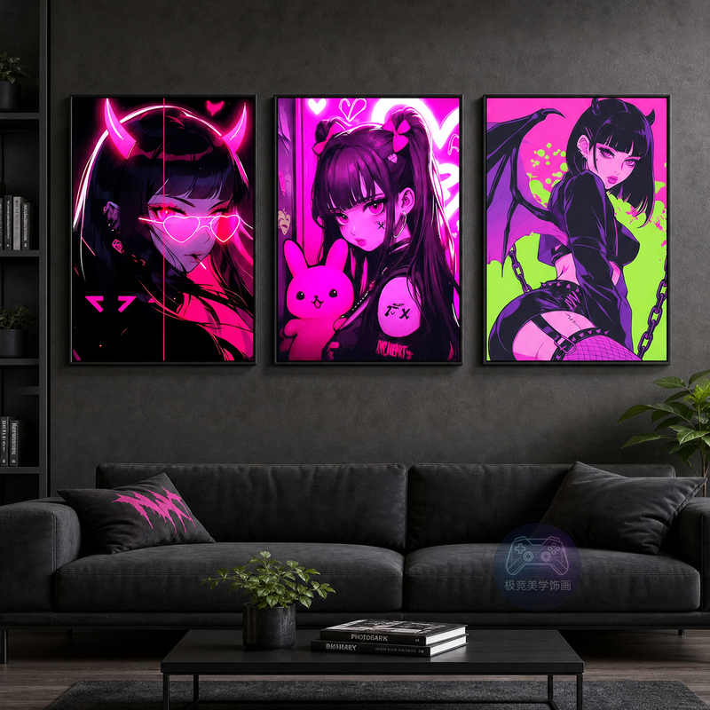 Anime Girl Cyberpunk Wall Art Neon Light Led Glowing Gaming Room Decoration Painting Girl's Bedroom Mural