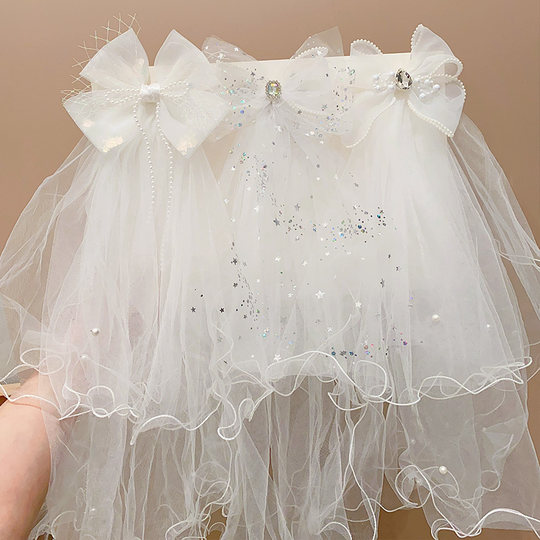 儿童公主裙头纱女童超仙水钻蝴蝶结发卡宝宝生日发夹婚纱花童头饰