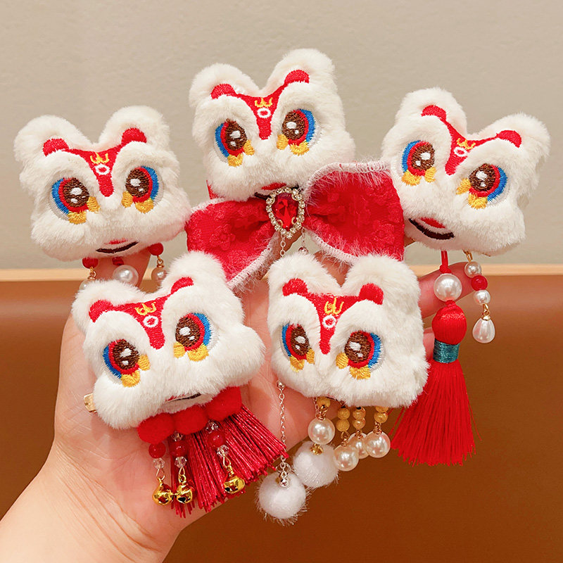 New Year Children Wake Lion's Head Decorated With Ancient Winewear Hair Clip Baby Festive to Celebrate Girl Dragon's Year of the Year Card-Taobao