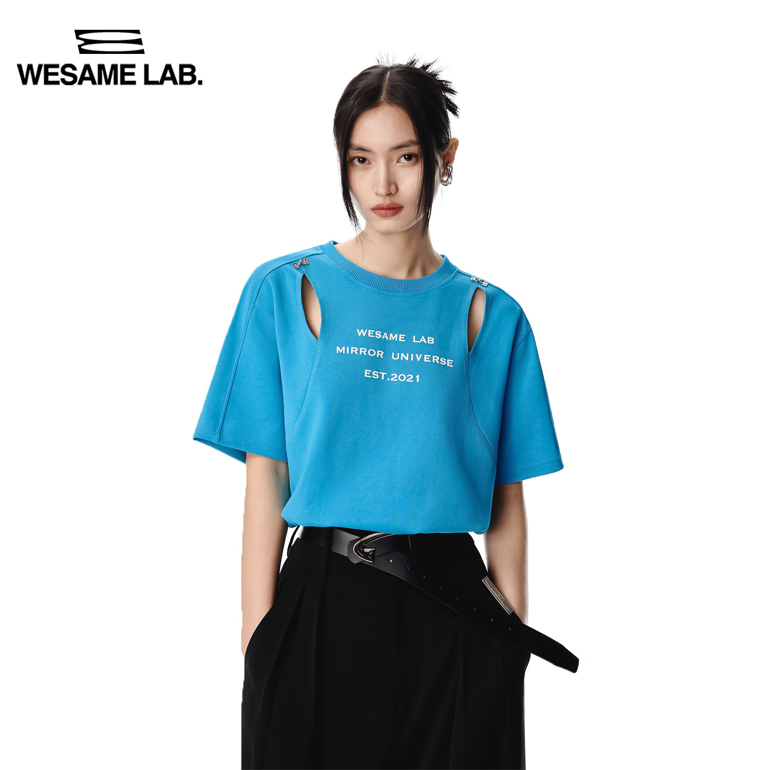 WESAME LAB design sense high street T-shirt women's hollow three-dimensional printing designer retro short sleeves