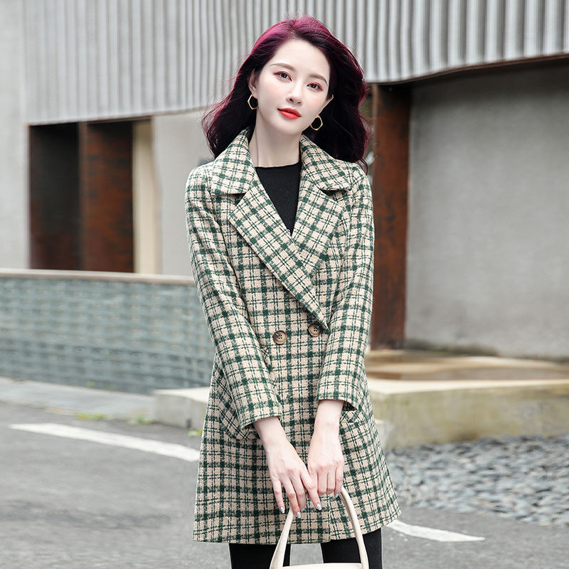 2021 autumn and winter new women's plaid wool coat mid-length Korean style slim windbreaker