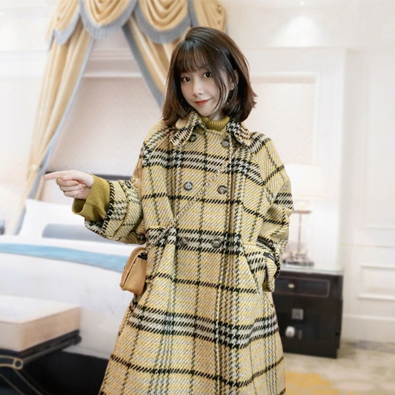 Plaid Wool Coat Thick Section Autumn Winter Medium Length Small British Cape Female Loose Cashmere Coat