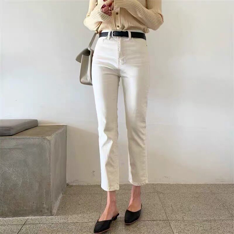 Brin white jeans women's straight high waist thin slim 2021 spring and autumn new loose and versatile nine-point pants