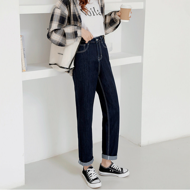 Brin family dark blue dad jeans women's 2021 new spring straight tube loose high waist thin rib pants