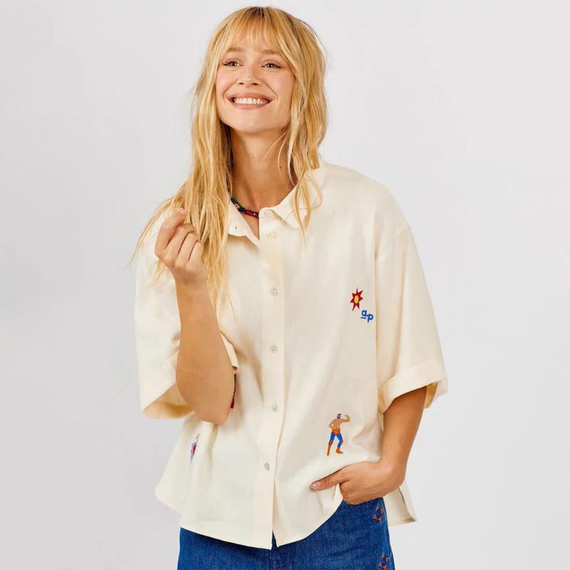 Luftkuss-A.P In-Stock Mexican Coast Fun Embroidered Lapel Top with Five-Quarter Sleeves Loose Casual Shirt