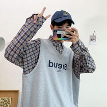 Fake two-piece checkered male trend Korean version port Wind jacket original Cebu Autumn Ins Net Red Very Fairy clothes handsome