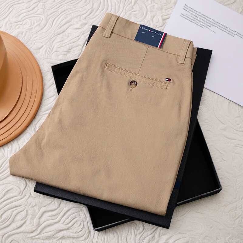 Tommy Men's Casual Pants 2025 All-Season Spring and Summer Straight Loose Long Pants Pure Cotton Business Slim Fit Stretch Men's Trousers
