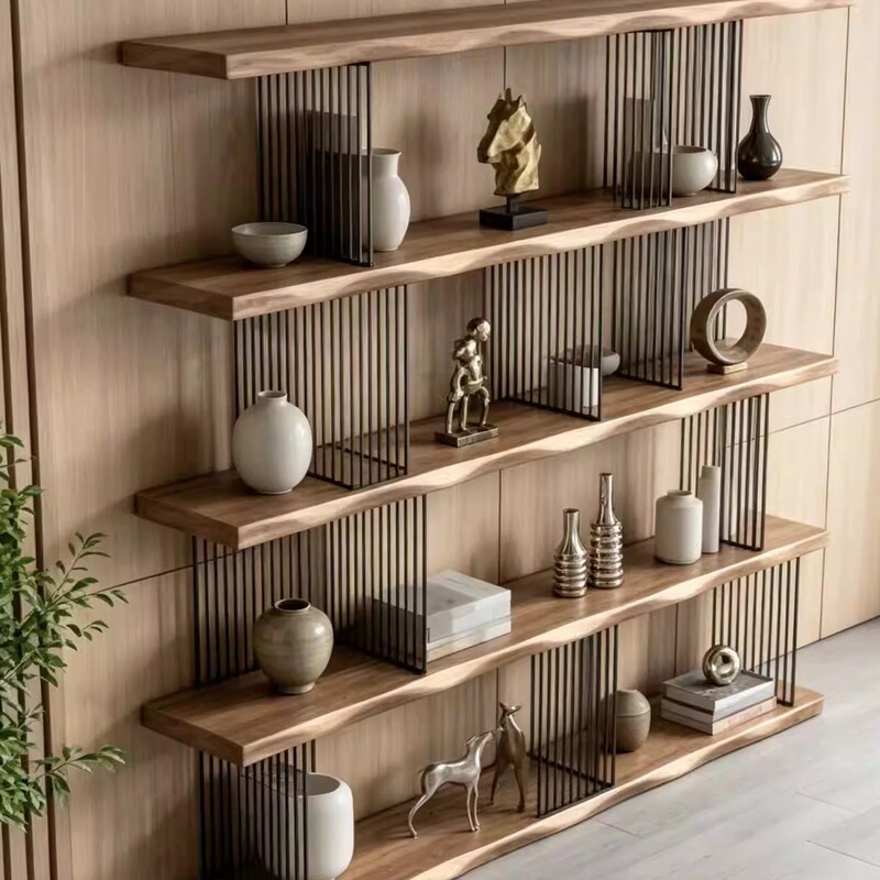 Living Room Entryway Solid Wood Bookshelf, Floor-Standing Storage Rack, Multi-Layer Organizer, Light Luxury High-End Display Shelf Partition
