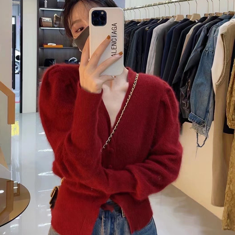 Red Raccoon Fur Puff Sleeve Waist-Cinching Sweater for Women, Autumn and Winter Design, Niche V-Neck French-Style Elegant Knit Cardigan Red Raccoon Fur Puff Sleeve Waist-Cinching Sweater for Women, Autumn and Winter Design, Niche V-Neck French-Style Elegant Knit Cardigan