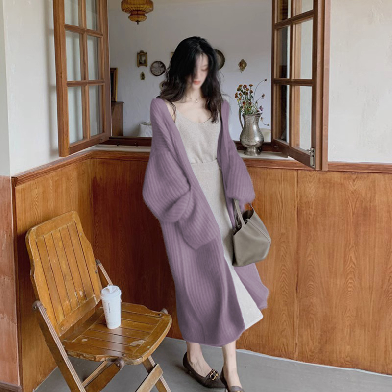 2026 Spring and Autumn New Over-The-Knee Mid-Length Knitted Cardigan for Women, French Style, Gentle and Elegant, Purple Sweater Coat