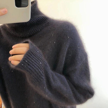 Raccoon Fur Sweater 2024 French Style Women's Thickened European Hot-Selling High-Neck Starry Sky Sequin Wool Knit Winter Sweater Raccoon Fur Sweater 2024 French Style Women's Thickened European Hot-Selling High-Neck Starry Sky Sequin Wool Knit Winter Sweater