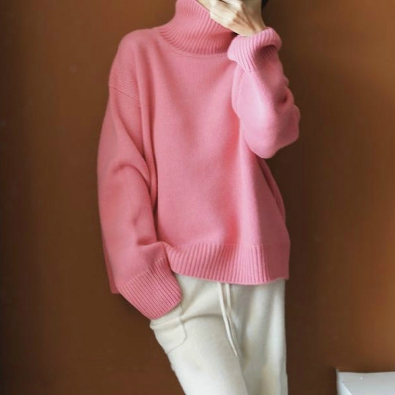 French-Style High-Neck Pink Wool Sweater for Women, Autumn and Winter, Lazy Style, Thickened, Loose Pullover Sweater, European Style, Slimming Base Shirt French-Style High-Neck Pink Wool Sweater for Women, Autumn and Winter, Lazy Style, Thickened, Loose Pullover Sweater, European Style, Slimming Base Shirt
