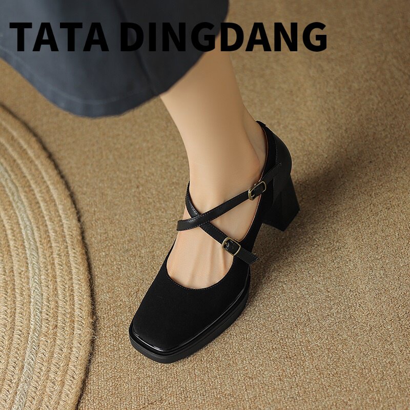 TATA DINGDANG He she dresses retro square head Mari Jean Shoes Woman Elegant Coarse Heel Cross Cingulum Single Shoes-Taobao