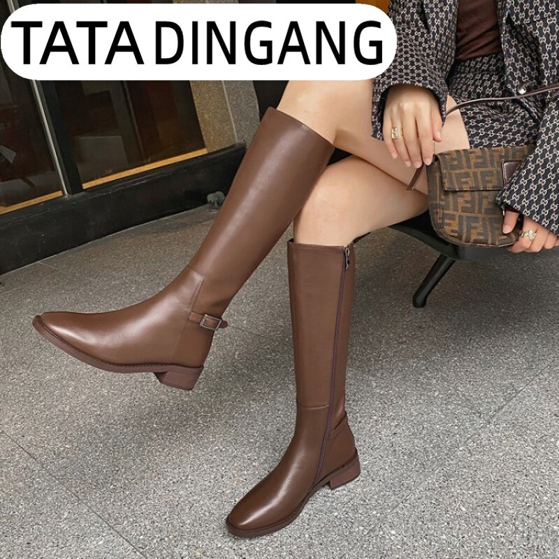 TATA DINGDANG autumn and winter new brown riding boots women's leather long tube women's boots not her other women's shoes