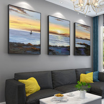 Seaview living room sofa background triple hanging painting Nordic luxury style decorative painting hand-painted Sea Sunrise oil painting