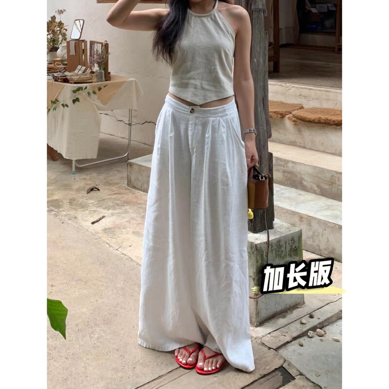 1077 Tall and Mature Women's White Linen Wide-Leg Pants, Summer Loose, Cool, Slimming, and Drapey Long Pants