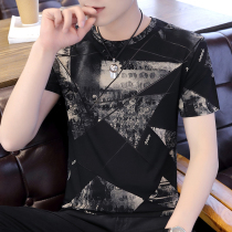 Hong Kong high end Ice Silk Seamless T-shirt mens short sleeve slim 2021 summer new slip mens print half sleeve tide