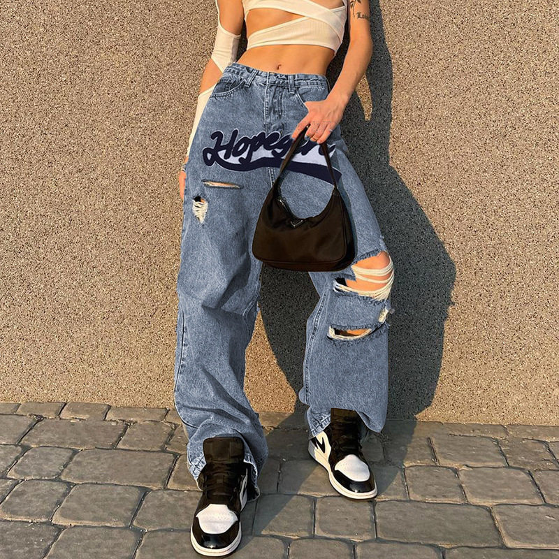 2022 Spring Summer and American Hot Girls Loose Broadlegged Pants Street Letters Embroidered Personality Trends Breaking Holes Jeans Women