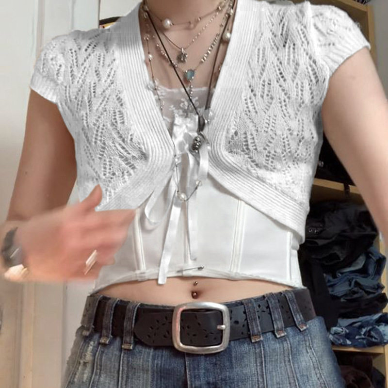 European and American spicy girl 2022 spring new cardiovert bow tie strap short sleeve blouses thin-style perspective asymmetrical jacket