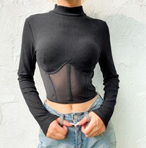 2021 spring European and American new pure color sexier see-through splicing mesh yarn one-piece clothes long sleeve short sleeve T-shirt