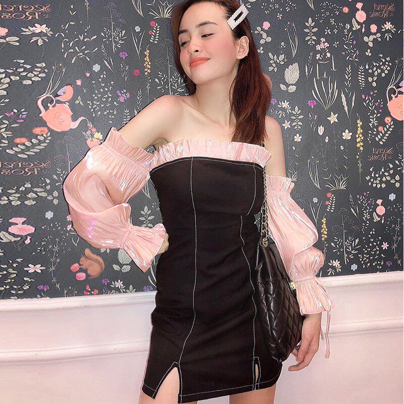 2021 Spring new European and American teenage girls dress up with lotus leaf side lined with long sleeves Hip Short Skirt