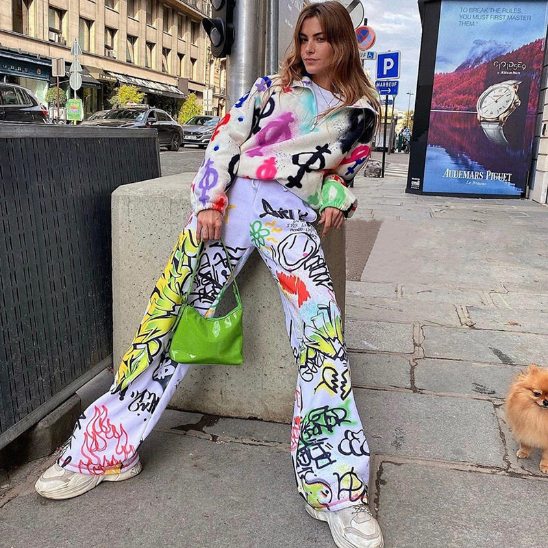 European and American 2022 women's clothing Summer new printed graffiti straight-barrel micro-wide loose sports casual pants Chaumen pants