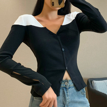 European and American contrast long-sleeved cutout knitwear womens 2020 autumn new fashion versatile slim slim cardigan top