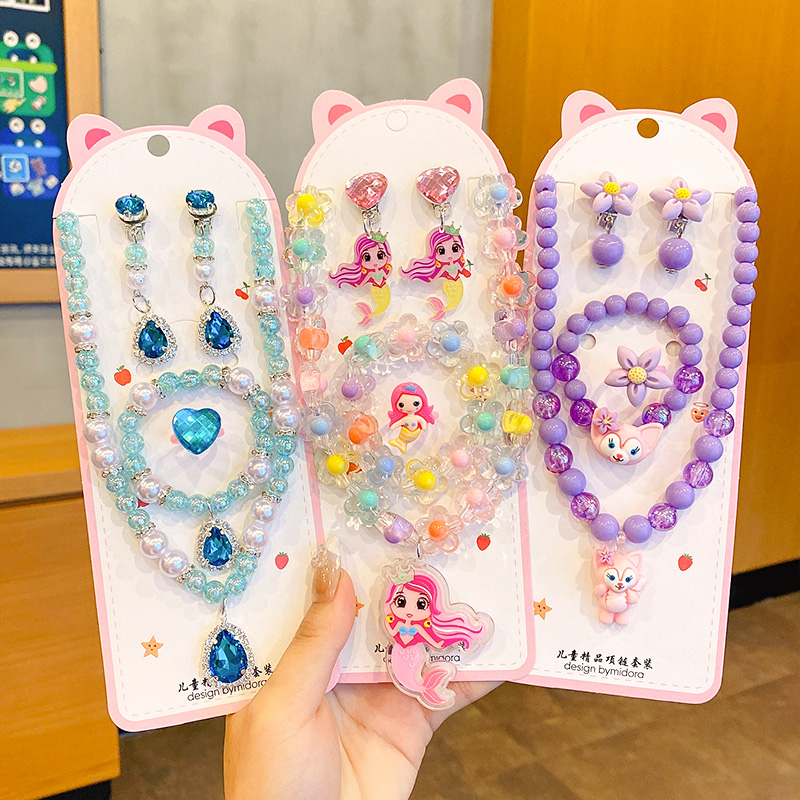 Children Necklace Glowing Girl Bracelet Earrings Set Baby Ear Clip Ring Little Girl Accessories Princess Jewellery-Taobao