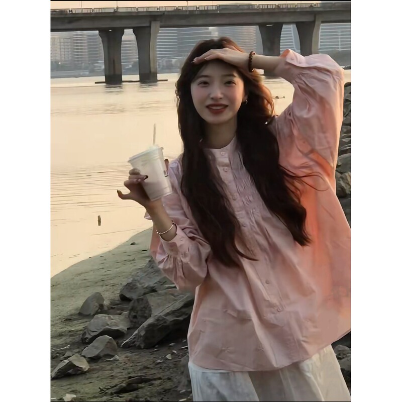 Dopamine Pink Ruffled Shirt for Women, Spring 2026 New Style, Bowknot Embroidered Shirt Jacket, Loose Top, Trendy Dopamine Pink Ruffled Shirt for Women, Spring 2026 New Style, Bowknot Embroidered Shirt Jacket, Loose Top, Trendy