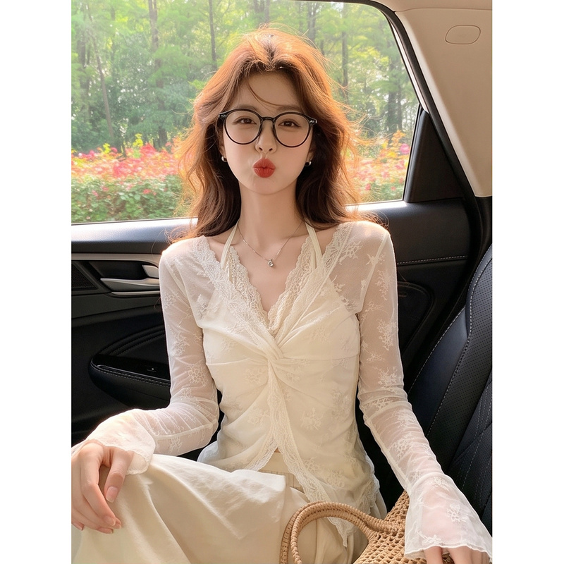 Lace Jacquard Sexy See-Through Long-Sleeve Mesh Shirt for Women, Early Autumn New Style, Pure Desire Halter Neck Fake Two-Piece Base Top