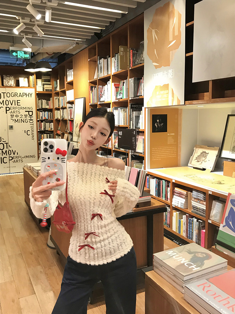 Off-Shoulder Bow-Tie Sweater: 3-Season Layering Top - Taobao product photo 7