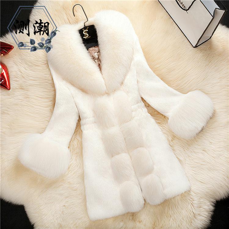 White2020 new pattern Autumn and winter Big size Women's wear rabbit 's hair leather and fur loose coat Medium and long term Imitation Fox fur collar keep warm overcoat fashion