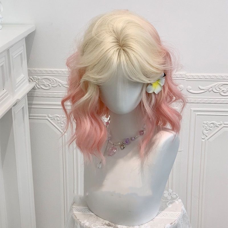 2025 New Sweet Egg Roll Short Hair White Peach Gold Gradient Women's Full Head Middle Part Cute Wig Set in Pink Tone 2025 New Sweet Egg Roll Short Hair White Peach Gold Gradient Women's Full Head Middle Part Cute Wig Set in Pink Tone