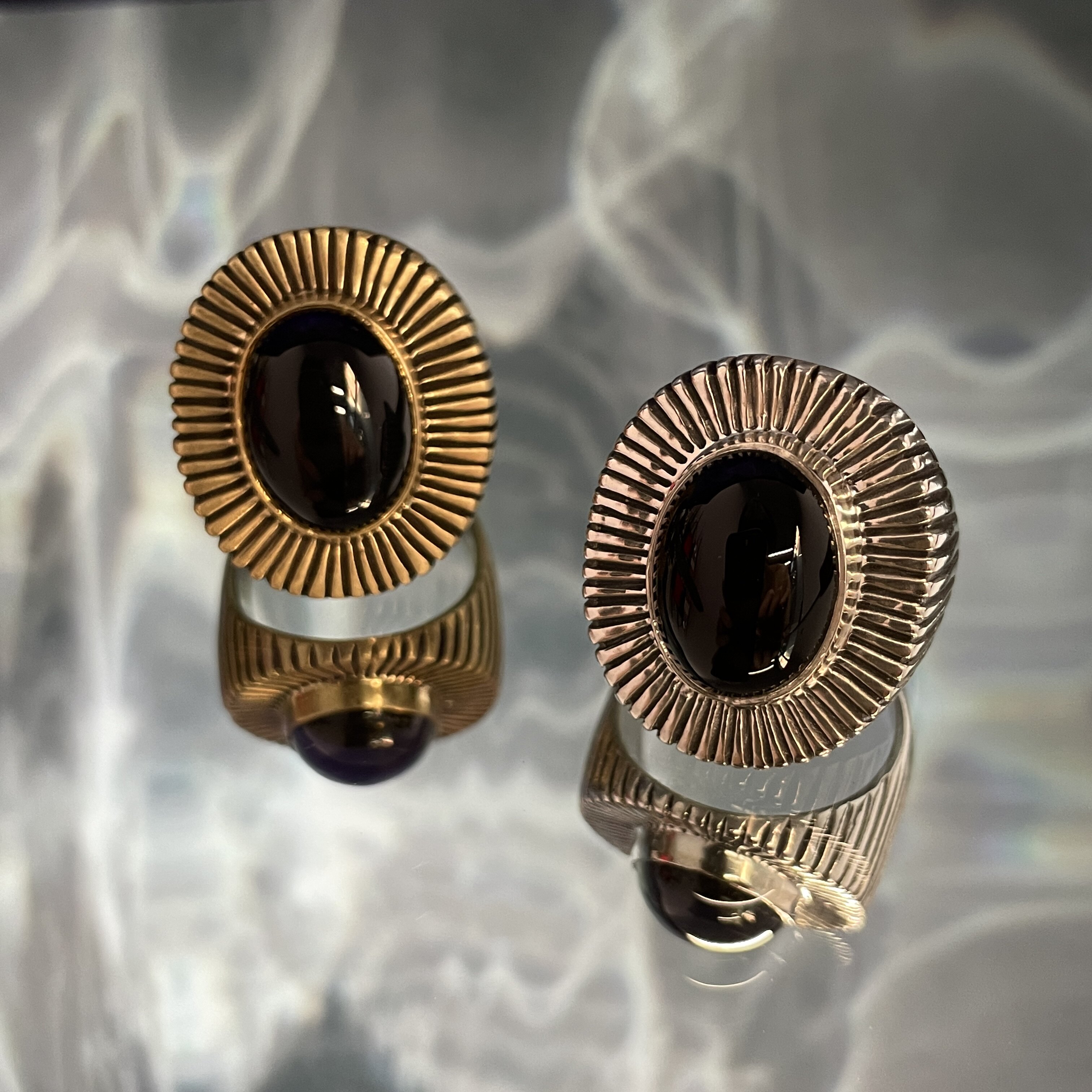 =silvarie=LHN Jewelry Silver Copper Radial Design Black Onyx Stone Vintage American Ring