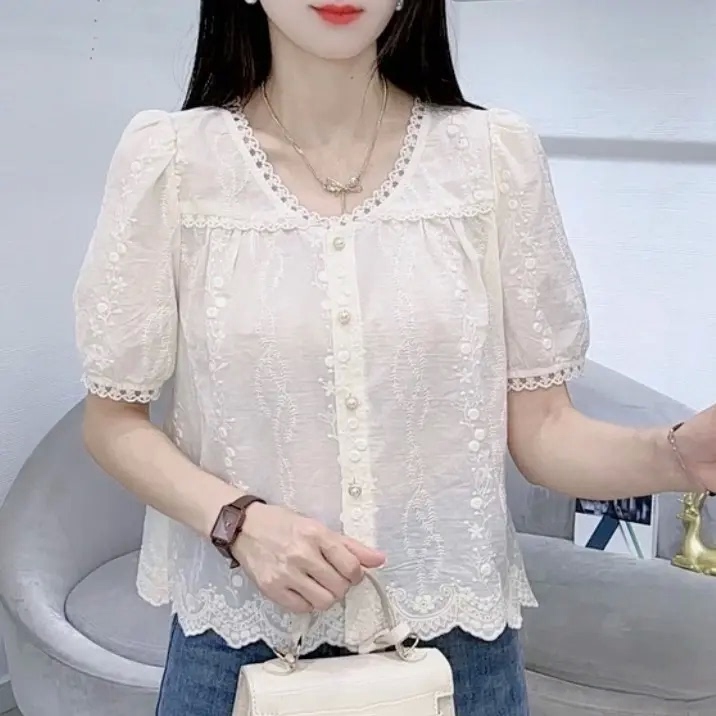 French-Style Retro Polka Dot Short-Sleeve Cotton Shirt for Women, Summer 2026 New Lightweight Round-Neck Top, Casual Blouse