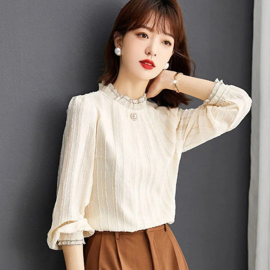 2025 frühjahr neue tops plus größe frauen mode chiffon-shirts frauen lose langärmelige frauen spitze bodenbildung shirts