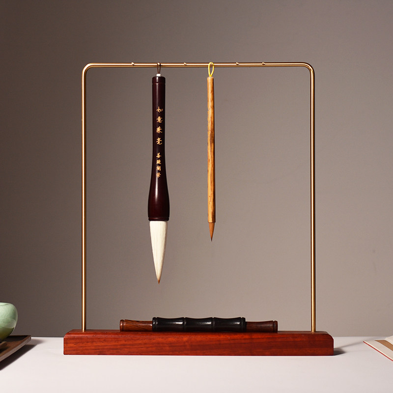 Retro pure copper pen holder writing brush hanging new Chinese style simple hanging frame multifunctional writing brush rack solid wood Wenfu room containing frame