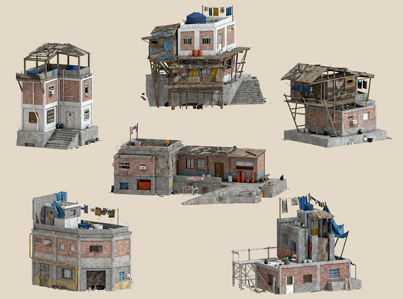 贫民窟水泥毛坯建筑木板蓬屋水箱晾衣架SU模型SU模型C4D素材FBX-cg男孩