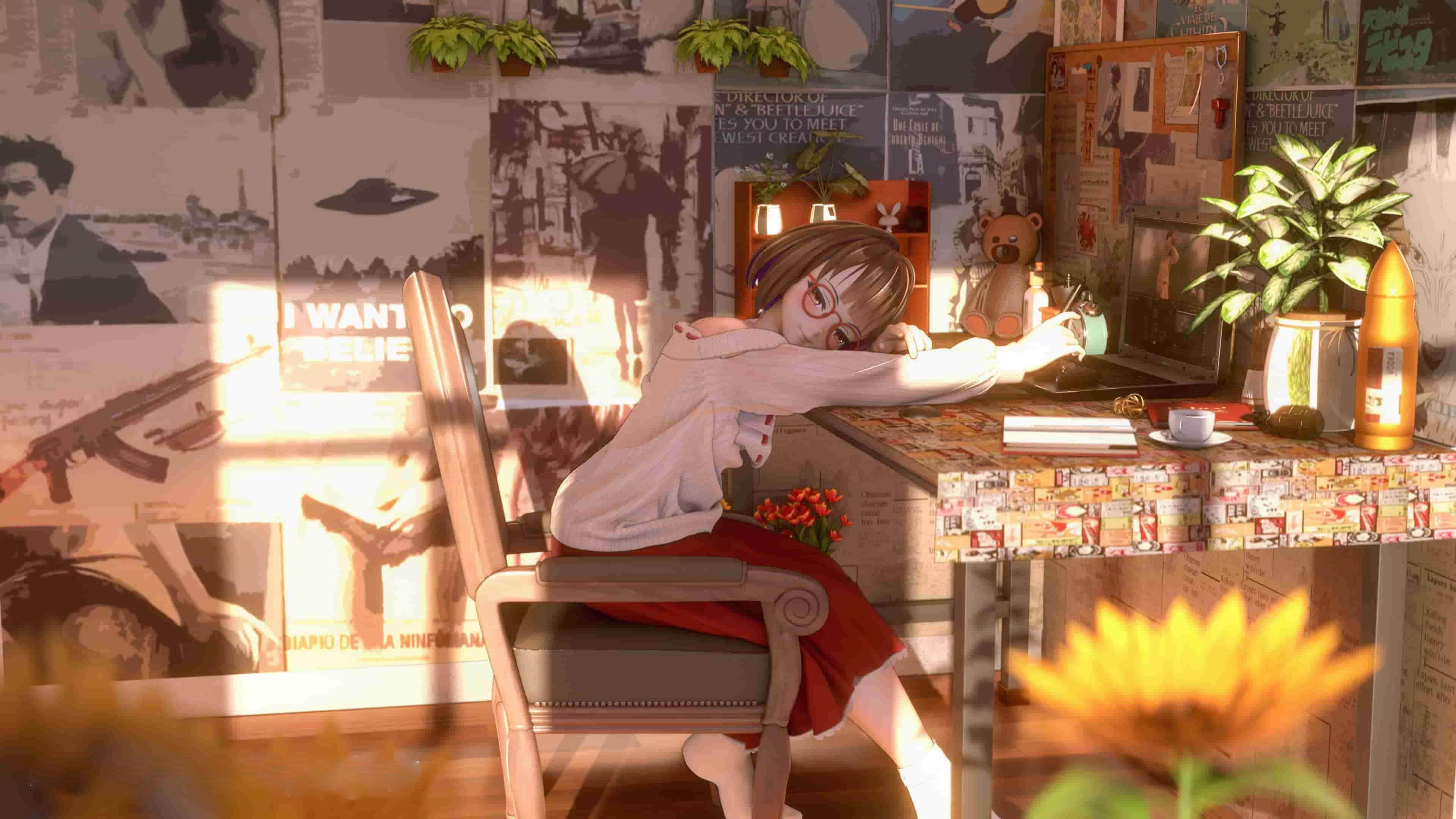 blender温馨的贴满海报的女孩趴在书桌上休息房间场景3D模型工程-cg男孩